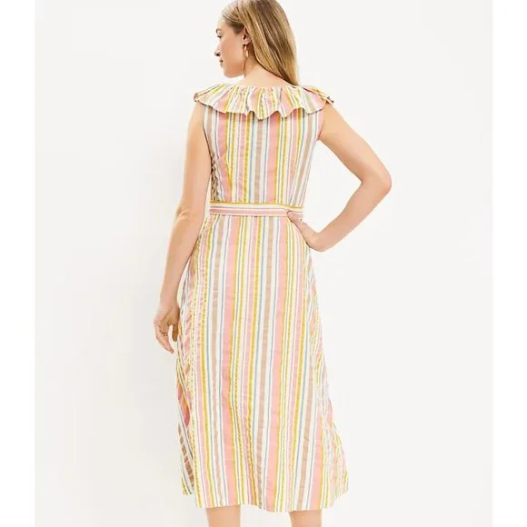 Ann Taylor LOFT Striped Ruffle Scoop Neck Midi Dress 8 - Picture 3 of 3